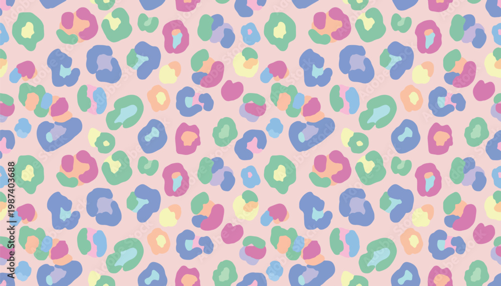 Fototapeta premium Colorful leopard abstract pattern with organic spots in pink, green, blue, and orange tones. Modern and stylish animal skin texture design, fashion, wallpapers, backgrounds, fabric, wrapping paper.