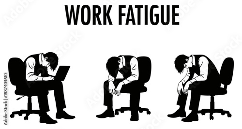 Business man in office chair showing exhaustion from prolonged computer work and stress