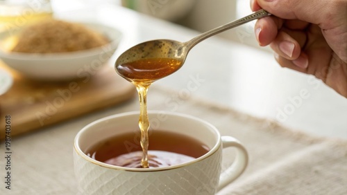 A hand drizzling honey from a spoon into a cup of tea, with a bowl of brown sugar in the background on a light cloth surface.