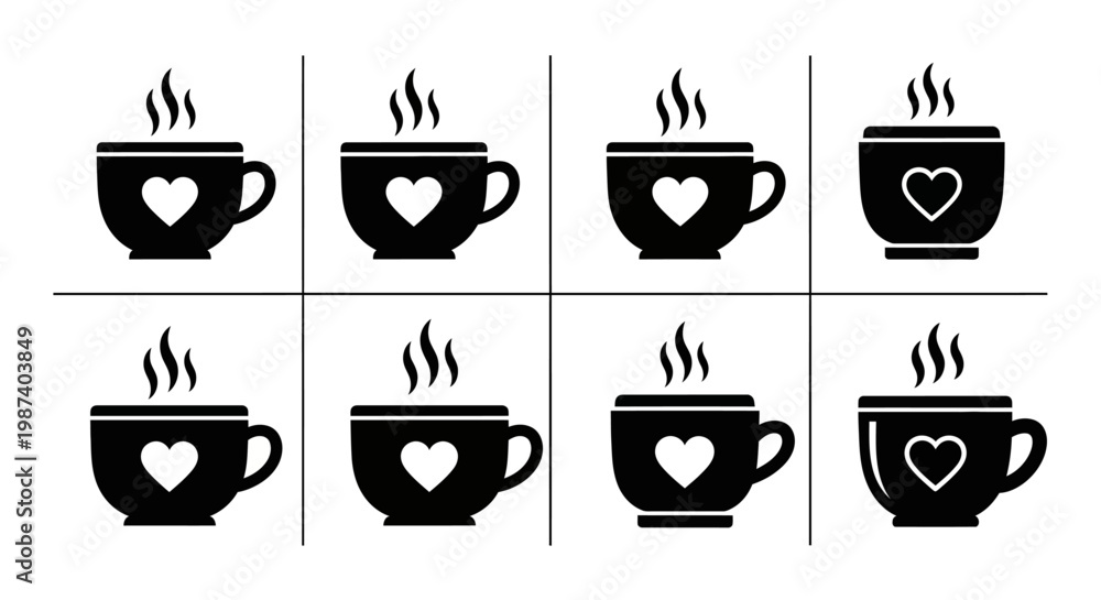 Obraz premium Set of eight simple black vector icons showing steaming cups with heart shapes. Various hot drink mugs with steam on white background in grid