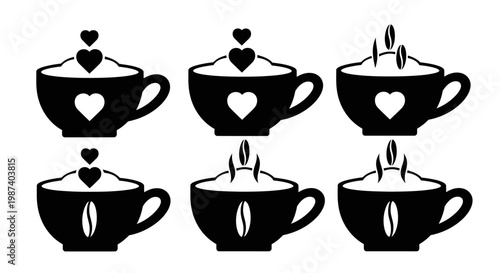 Creative coffee cup illustrations with decorative heart and bean symbols inside mug shapes with foam topping for cafe identity and beverage menu design vector