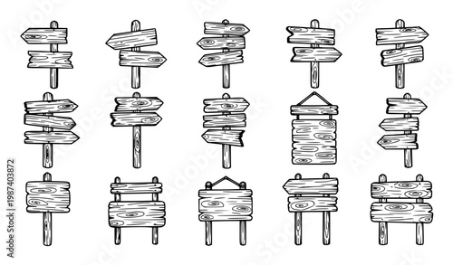 фотографія Hand drawn wooden signpost outline set vector rustic direction arrow boards wayf