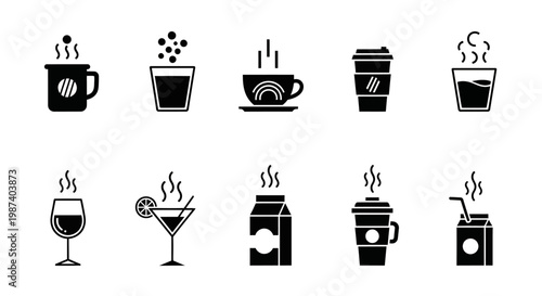 Diverse set of ten steaming hot drink icons. Assortment includes cups, glasses, a carton, a take-out cup, a wine glass and a cocktail glass on white
