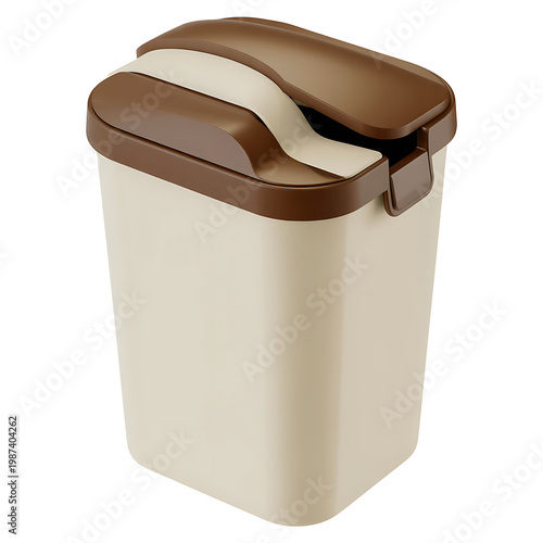 Compact Beige Plastic Trash Can with Brown Flip Lid