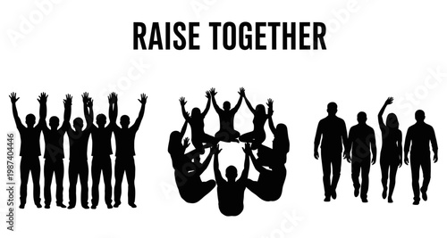 Diverse group celebrating with raised arms in unity and collaboration during a successful event