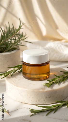 Amber glass jar of serum with rosemary sprigs on marble