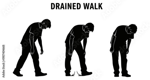Exhausted man in silhouette showing stages of a drained walk