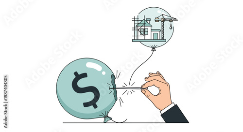 Businessman popping dollar sign balloon to reveal house.