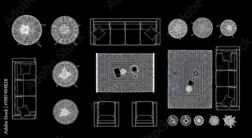 Side Table Top View Blueprint Vector – Living Room Furniture AutoCAD Layout Plan White Outline on Black Background