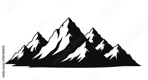 Snowy mountain range silhouette with sharp peaks and rugged terrain on white background