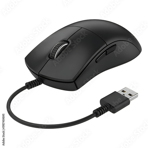 Modern black computer mouse with USB cable on white background