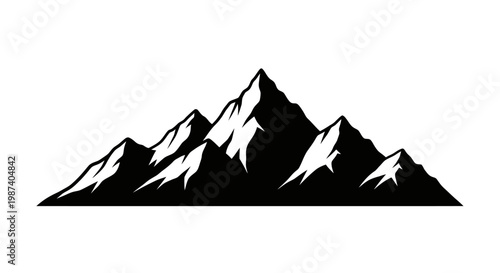 Snow capped mountain range silhouette against white background peaks with snow black and white landscape