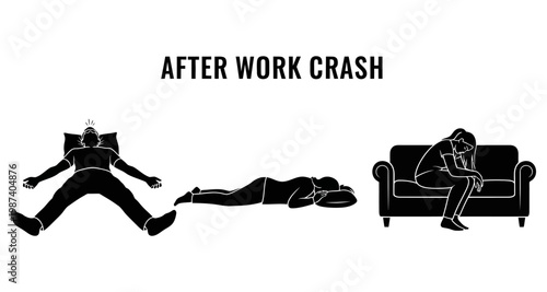 Exhausted silhouettes depicting the after work crash concept in a minimalist style