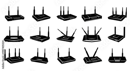Collection of various black wi fi routers with multiple antennas on white background for networking and internet connectivity