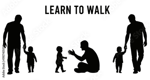Father and child silhouettes learning to walk in different stages of development