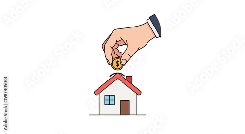 Hand holding house key over a house.