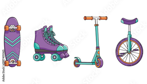 A skateboard and scooter icon set with roller skate and unicycle