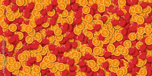 Background of hearts and gold coins with the dollar emblem. Vector illustration.