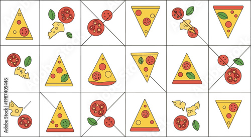 A collection of various pizza slices and toppings.