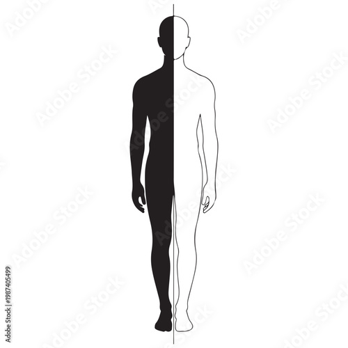 Minimalist vector illustration of a human figure split vertically into black and white halves representing duality and balance
