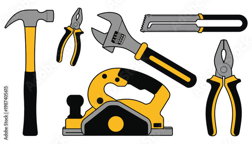 A set of yellow and black tools illustration on white background