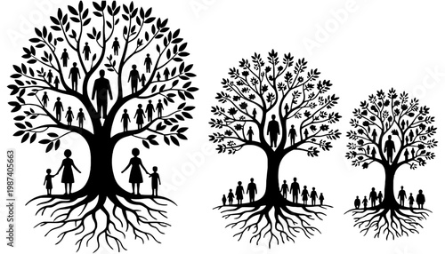 Family tree silhouette vector illustrations with people and roots