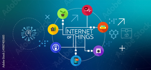 internet of things conceptual illustration with colorful icons of connected appliances including smart home heart rate monitor electric car and washing machine on teal background with artificial