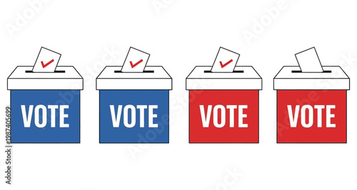 Four ballot boxes with VOTE labels in red and blue during an election concept