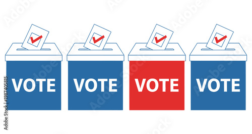 Four voting booths with red checkmarks on ballots during an election concept
