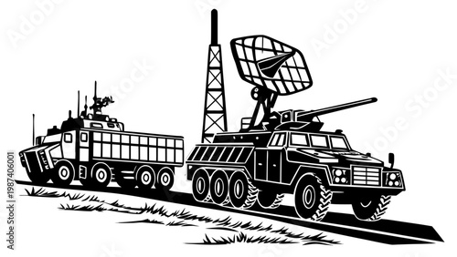 Military Radar Truck and Missile Defense Vehicle Line Art Vector Illustration