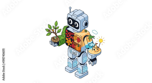 Cartoon robot representing nature and seasons in a modern vector illustration