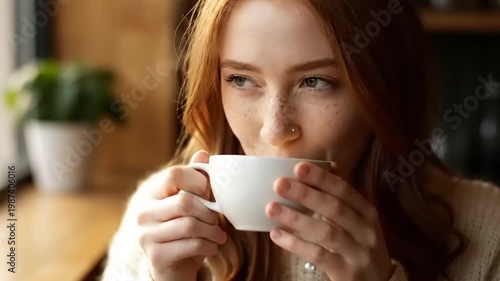 Young woman with red hair enjoying a warm cup of coffee indoors.