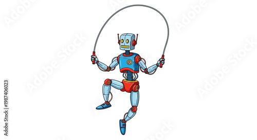 Cartoon robot skipping rope isolated on white background for exercise concept