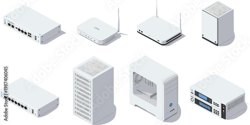  Isometric Network Hardware Devices Set