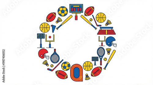 Various sports equipment icons arranged circular.