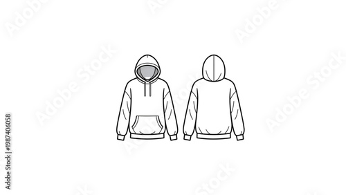 Front and back view of a casual hooded sweatshirt with drawstring closure Vector