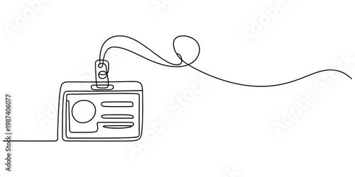 Continuous line drawing of an identification card badge with a lanyard for office use