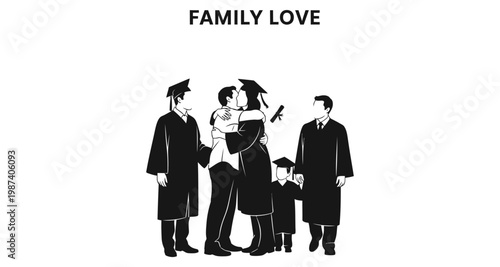 Graduating family celebrating with hugs and kisses during a commencement ceremony with a diploma