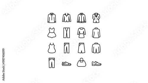 Collection of various clothing and accessory icons in black and white line art Vector