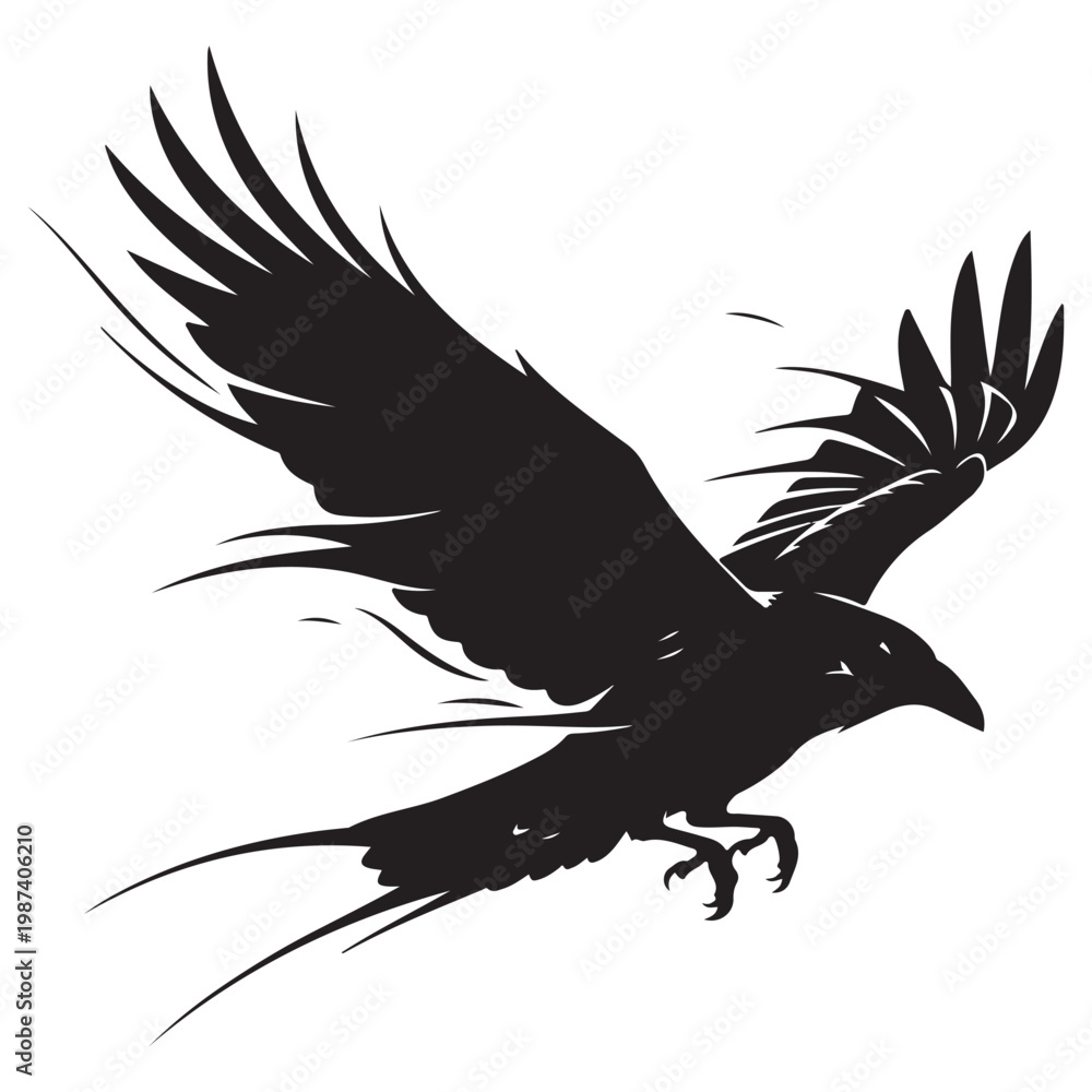 Fototapeta premium Flying black raven silhouette with spread wings vector illustration for gothic or nature design