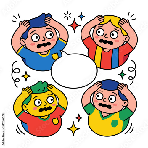Four cartoon soccer fans reacting in shock and disbelief
