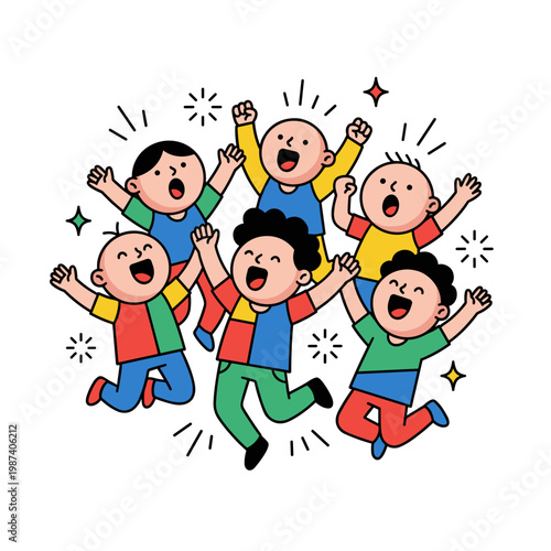 Group of ecstatic cartoon soccer fans jumping and cheering