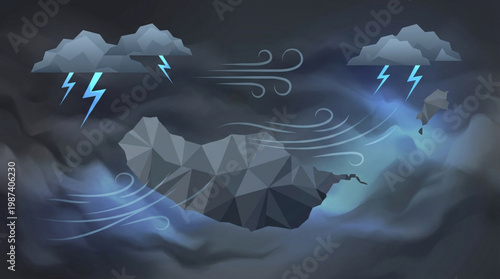 Weather forecast with stormy clouds lightning.