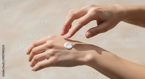 Close-up of fair-skinned hands applying white cream on wrist, moisturizing skin with gentle touch and soft focus background