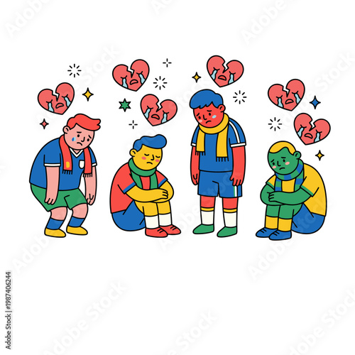 Four dejected cartoon soccer fans with broken hearts