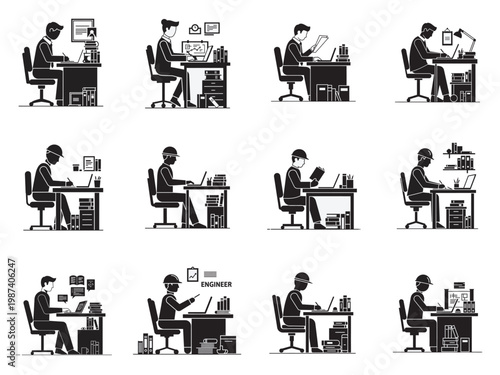 flat design office workers multitasking at desks in vector illustration