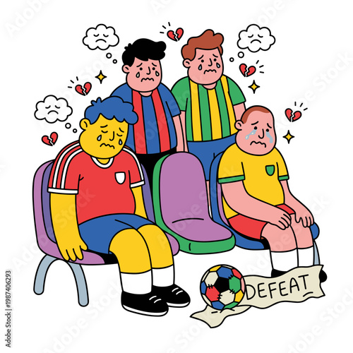 Sad cartoon soccer fans after losing a match
