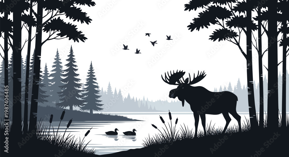 Fototapeta premium Moose standing by serene forest lake.