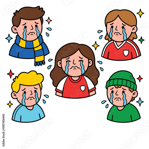 Group of diverse cartoon soccer fans crying in sadness