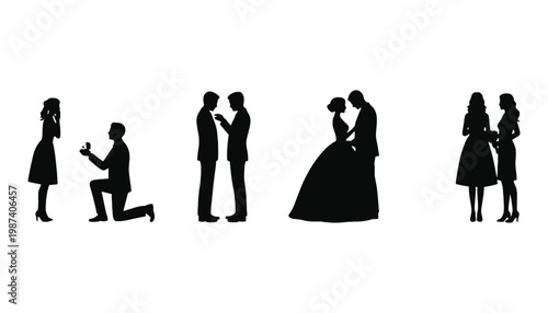 Proposal silhouette of a man kneeling to ask a woman to marry him